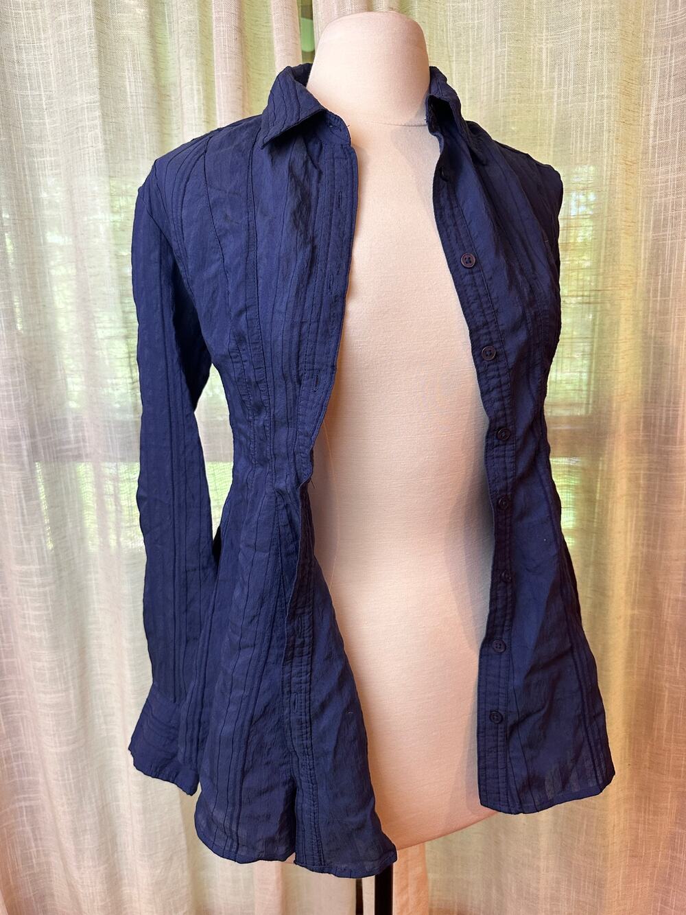 Maeve Anthropologie XS Blue Fit Flare Pintuck Button Down Blouse Tunic